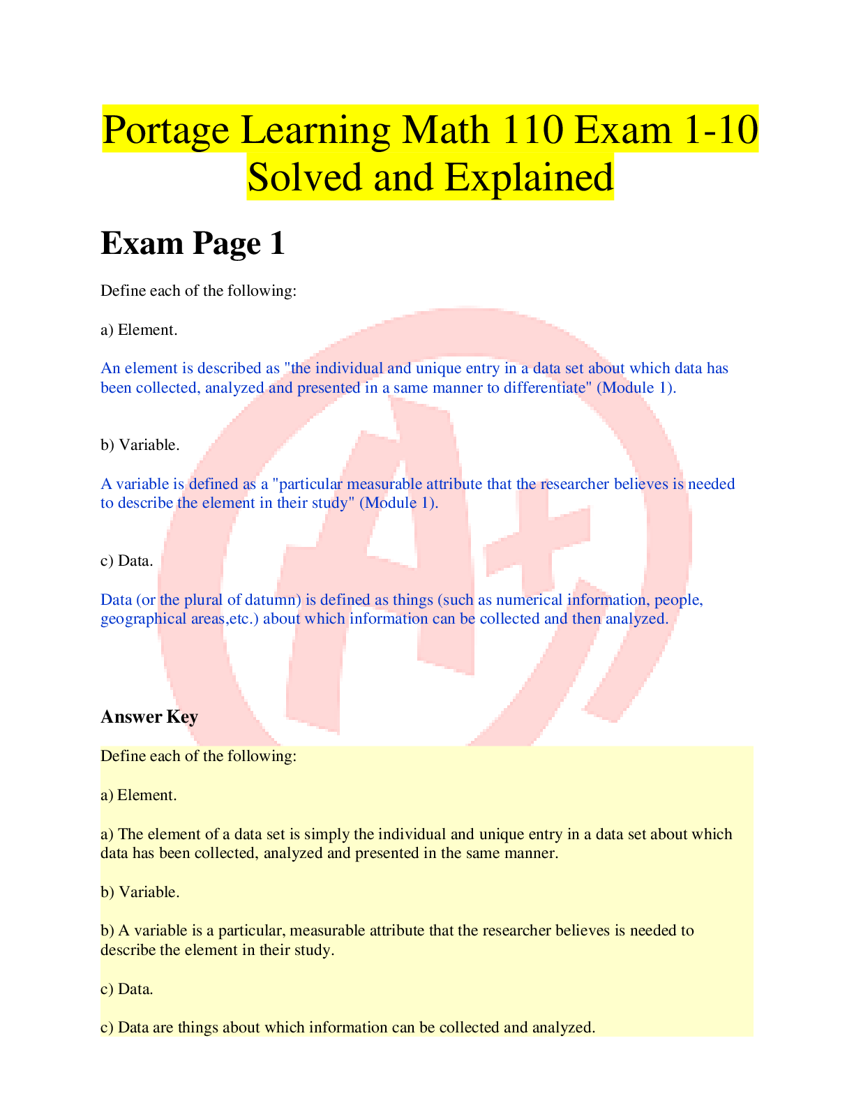 Preview image of Portage Learning Math 110 Exam 1-10 Solved and Explained document